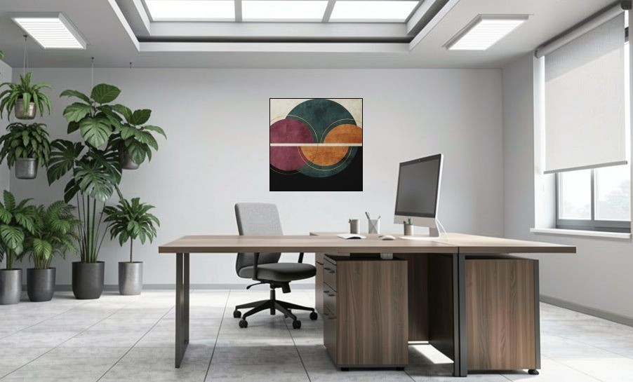 Artikelbild Akustikbild - Kreise in Balance – Basotect® Schallabsorber im schwarzen Aluminiumrahmen 1030x1030x55mm