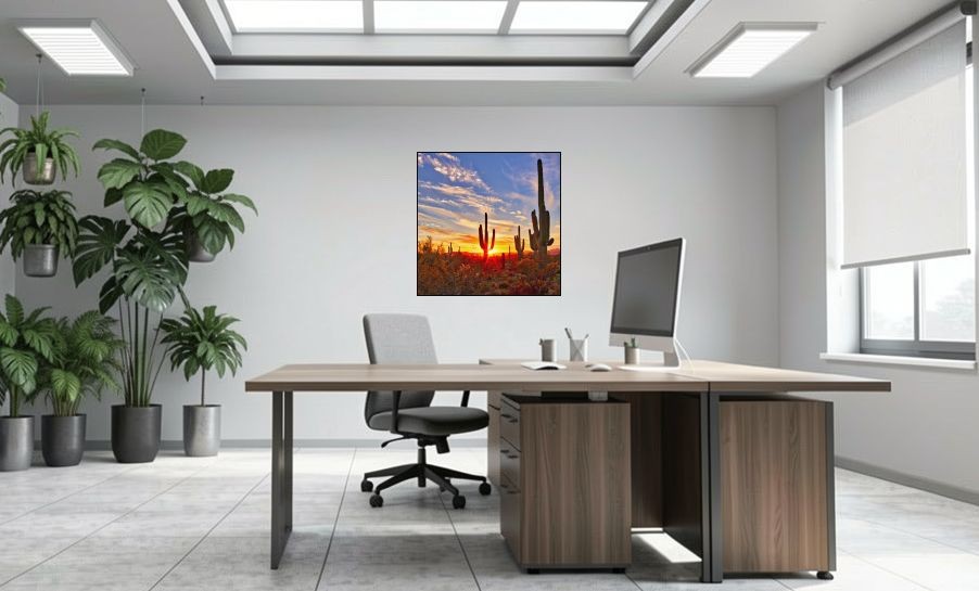 Artikelbild Akustikbild - Saguaros bei Sunset in Sonoran Wüste bei Phoenix – Basotect® Schallabsorber im schwarzen Aluminiumrahmen 1030x1030x55mm
