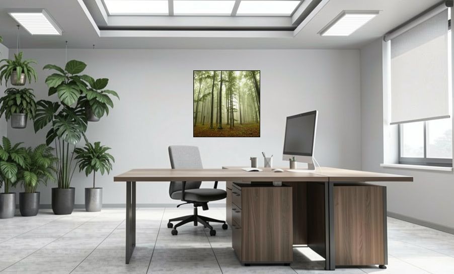 Artikelbild Akustikbild - Nebel im Wald – Basotect® Schallabsorber im schwarzen Aluminiumrahmen 1030x1030x55mm