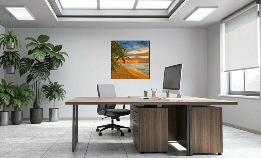 Artikelbild Akustikbild - Palmen im Sonnenuntergang – Basotect® Schallabsorber im schwarzen Aluminiumrahmen 1030x1030x55mm