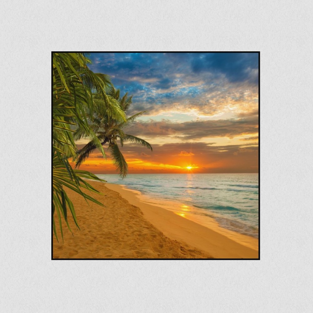 Artikelbild Akustikbild - Palmen im Sonnenuntergang – Basotect® Schallabsorber im schwarzen Aluminiumrahmen 530x530x55mm