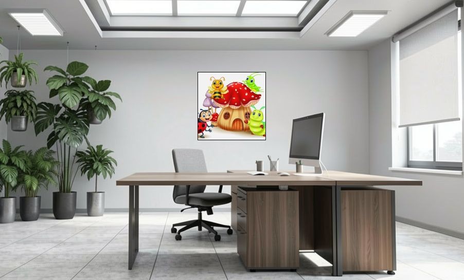 Artikelbild Akustikbild - Comic Insektenwelt – Basotect® Schallabsorber im schwarzen Aluminiumrahmen 1030x1030x55mm
