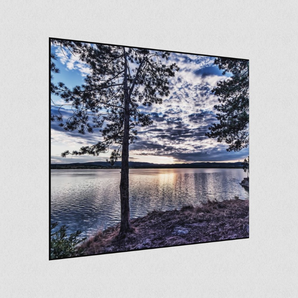 Artikelbild Akustikbild - Die Sonne reflektiert in den See – Basotect® Schallabsorber im schwarzen Aluminiumrahmen 530x530x55mm