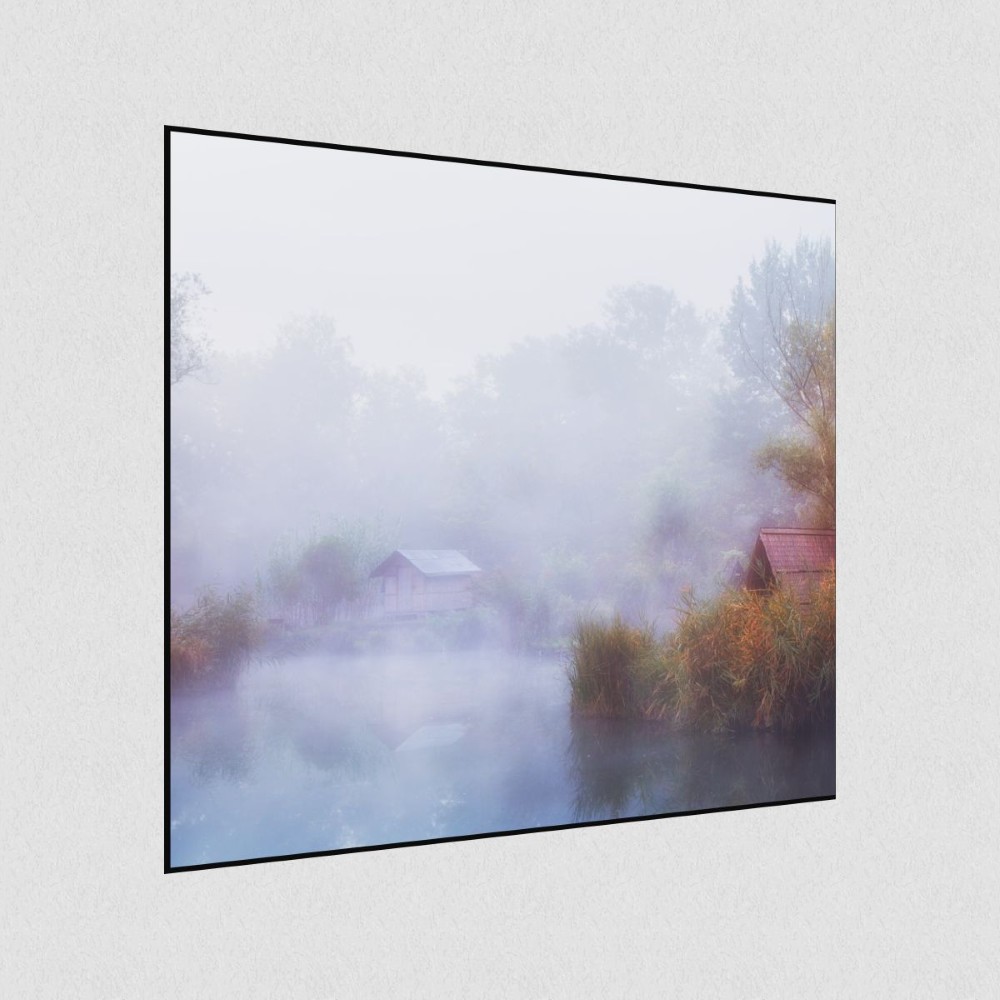 Artikelbild Akustikbild - Ruhe - Ein Waldsee im Nebel – Basotect® Schallabsorber im schwarzen Aluminiumrahmen 530x530x55mm