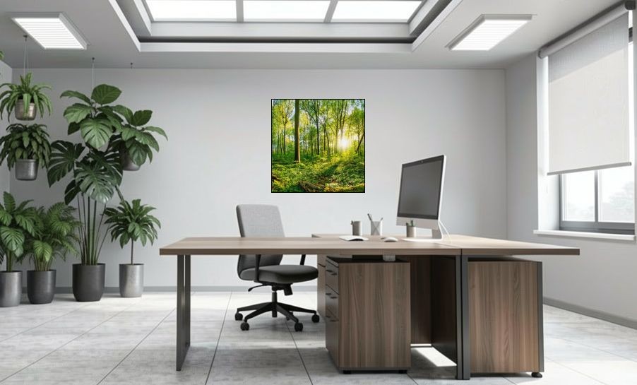 Artikelbild Akustikbild - Sonnenuntergang im Wald – Basotect® Schallabsorber im schwarzen Aluminiumrahmen 1030x1030x55mm