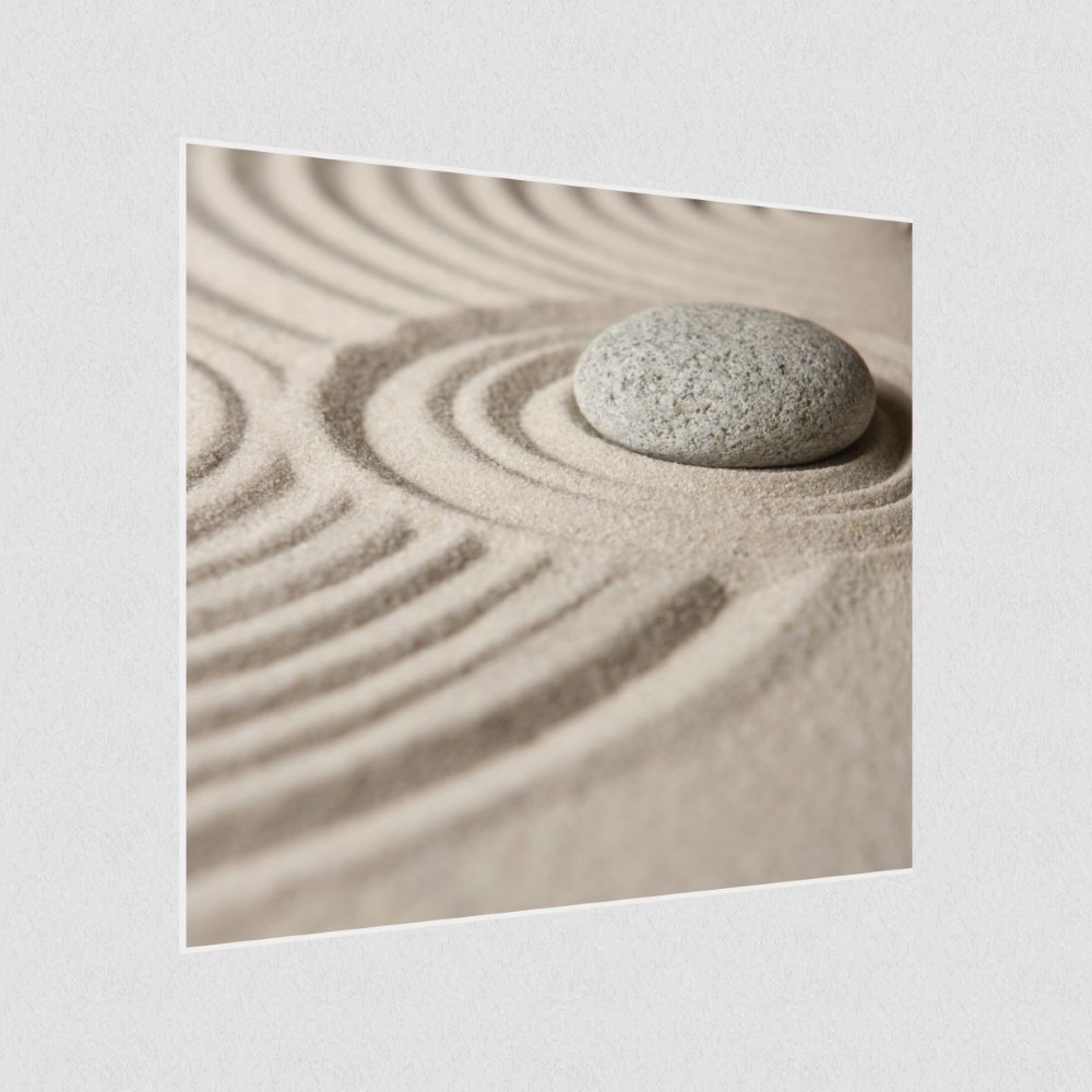 Artikelbild Akustikbild - Zen: Der Stein im Sand – Basotect® Schallabsorber im weißen Aluminiumrahmen 530x530x55mm