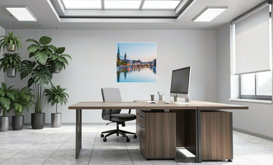Artikelbild Akustikbild - Zürich am Wasser: Ein atemberaubender Blick auf die Stadt – Basotect® Schallabsorber im weissen Aluminiumrahmen 1030x1030x55mm