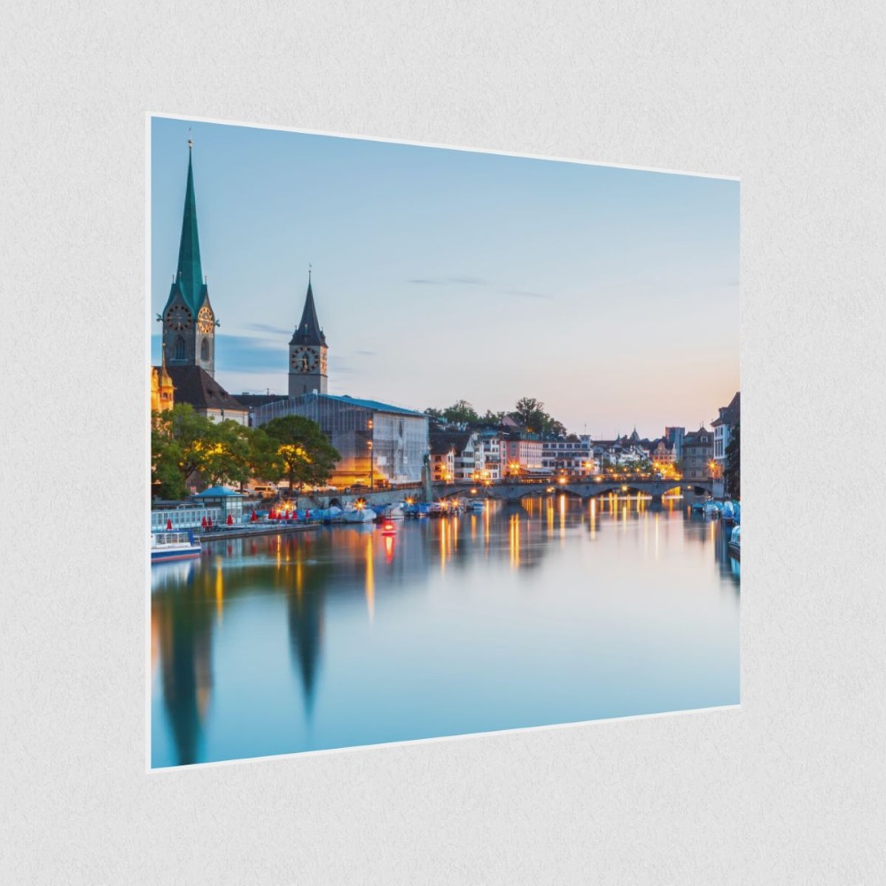 Artikelbild Akustikbild - Zürich am Wasser: Ein atemberaubender Blick auf die Stadt – Basotect® Schallabsorber im weißen Aluminiumrahmen 530x530x55mm