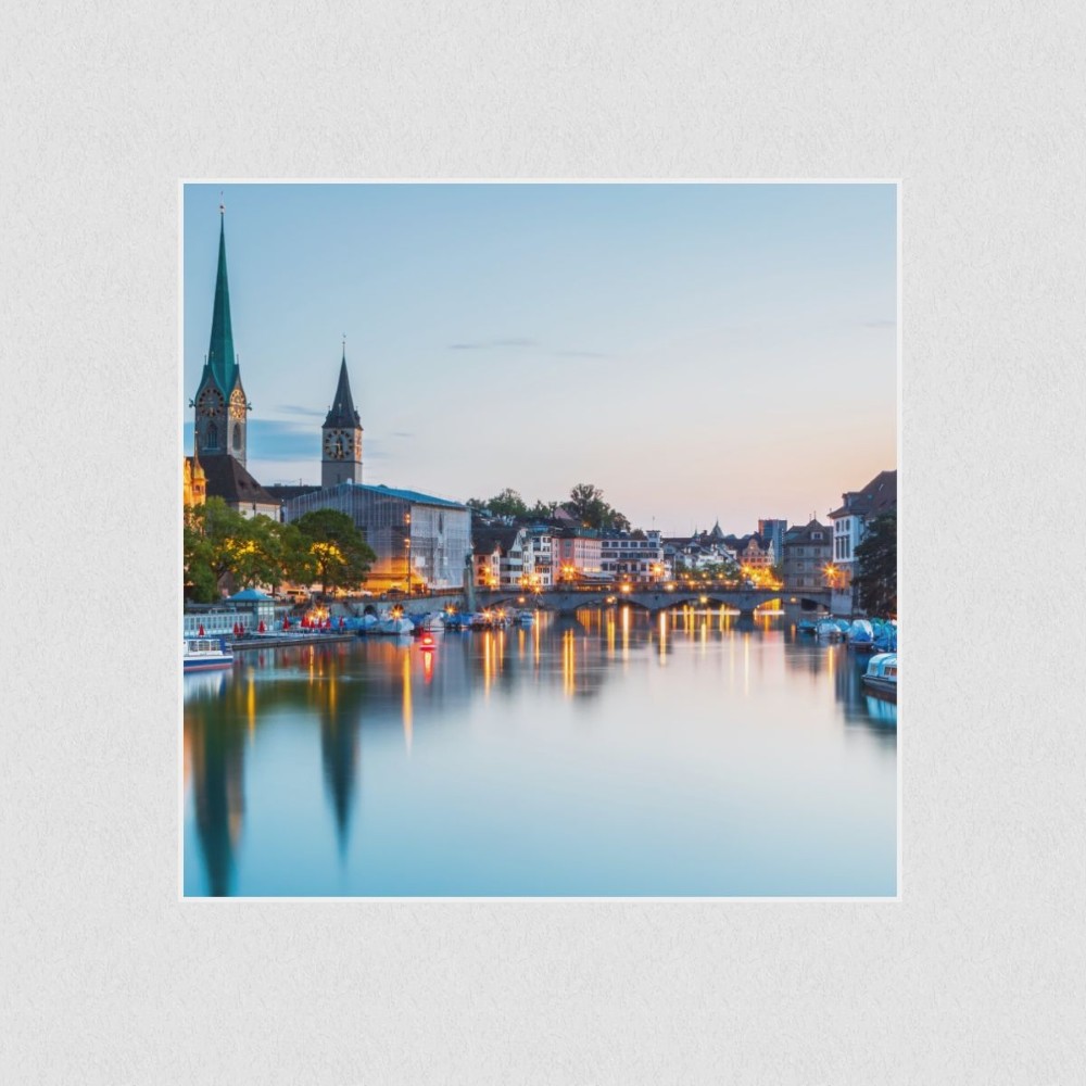 Artikelbild Akustikbild - Zürich am Wasser: Ein atemberaubender Blick auf die Stadt – Basotect® Schallabsorber im weißen Aluminiumrahmen 530x530x55mm