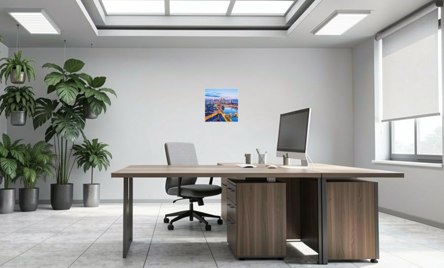 Artikelbild Akustikbild - Frankfurter Skyline am Main – Basotect® Schallabsorber im weißen Aluminiumrahmen 530x530x55mm
