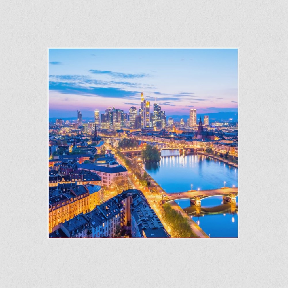 Artikelbild Akustikbild - Frankfurter Skyline am Main – Basotect® Schallabsorber im weißen Aluminiumrahmen 530x530x55mm