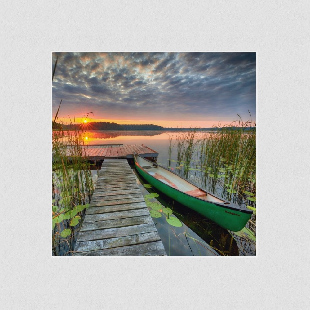 Artikelbild Akustikbild - Beautiful sunrise over lake covered with water lily – Basotect® Schallabsorber im weißen Aluminiumrahmen 530x530x55mm