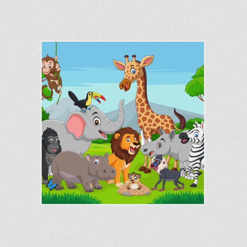 Artikelbild Akustikbild - Comic Tierwelt – Basotect® Schallabsorber im weißen Aluminiumrahmen 530x530x55mm