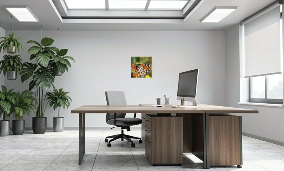 Artikelbild Akustikbild - Schmetterling im Blütenrausch – Basotect® Schallabsorber im weißen Aluminiumrahmen 530x530x55mm