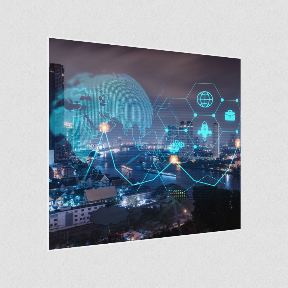 Artikelbild Akustikbild - Digitale Stadterkundung: Karte und Menü im Überblick – Basotect® Schallabsorber im weißen Aluminiumrahmen 530x530x55mm