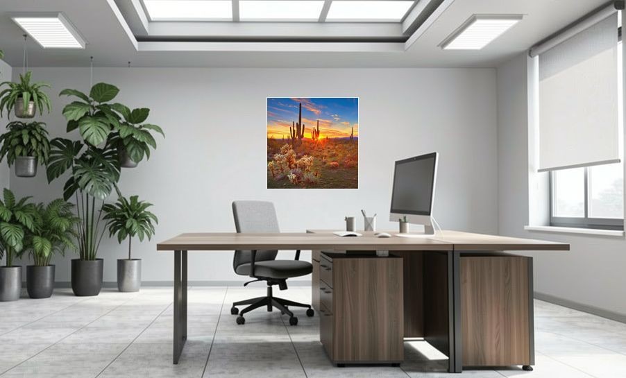 Artikelbild Akustikbild - Kakteen im Morgengrauen – Basotect® Schallabsorber im weissen Aluminiumrahmen 1030x1030x55mm