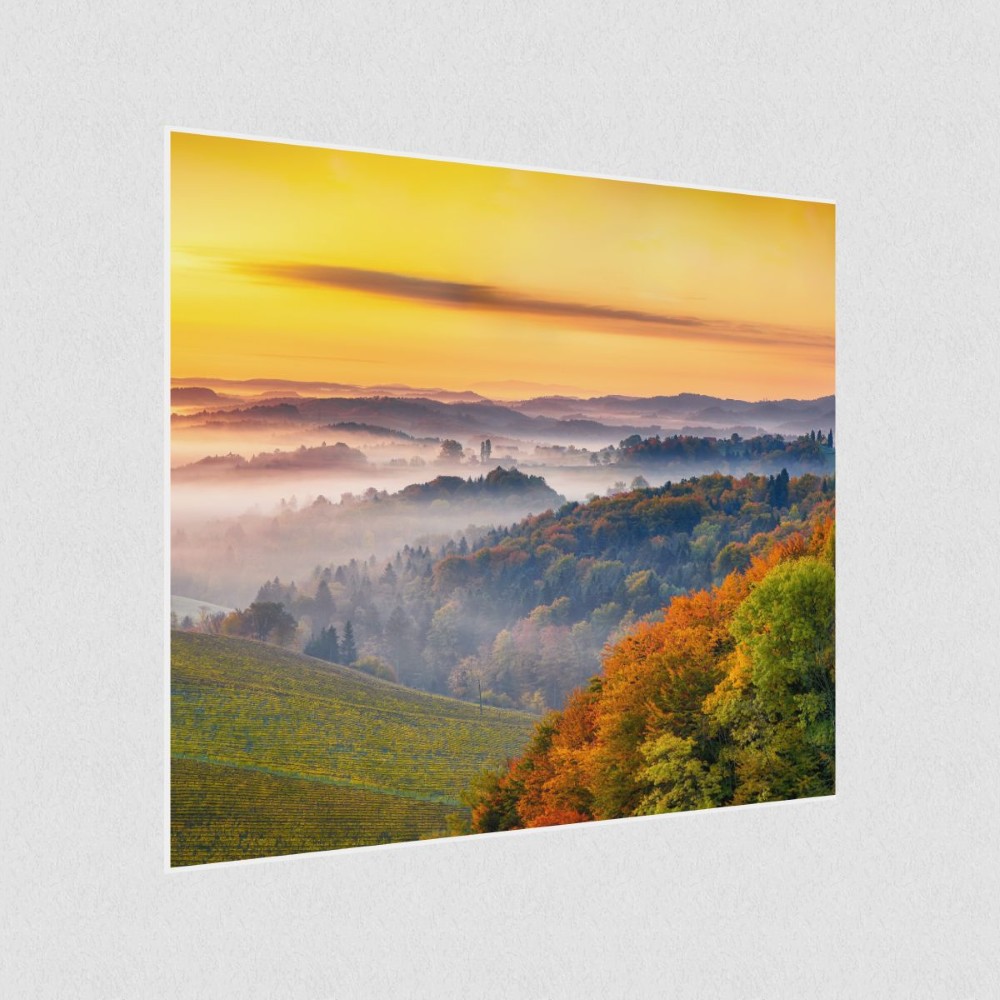 Artikelbild Akustikbild - Morgenrot mit Wald – Basotect® Schallabsorber im weißen Aluminiumrahmen 530x530x55mm