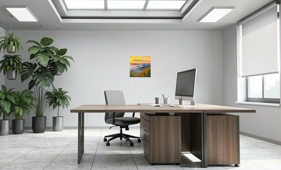 Artikelbild Akustikbild - Morgenrot mit Wald – Basotect® Schallabsorber im weißen Aluminiumrahmen 530x530x55mm