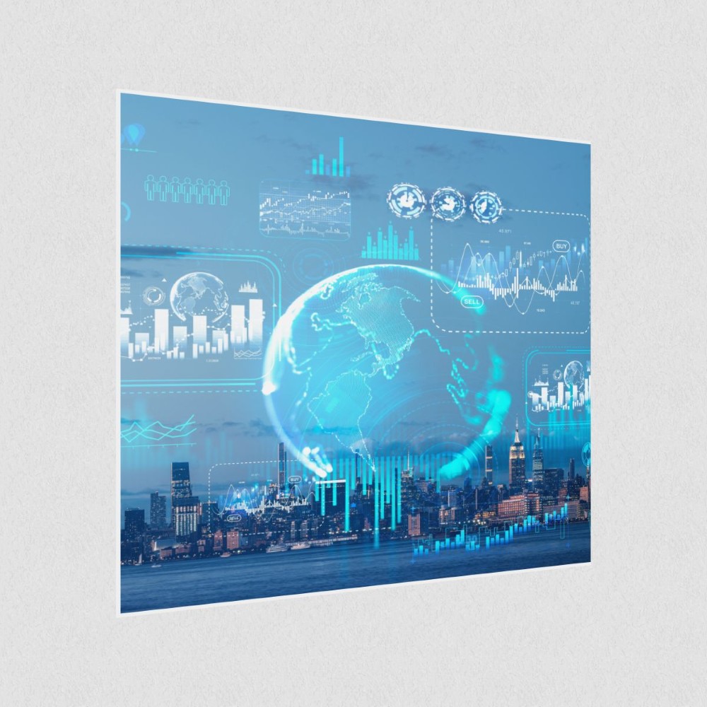 Artikelbild Akustikbild - Eine digitale Karte mit Infografiken und Kulisse der New Yorker Skyline – Basotect® Schallabsorber im weißen Aluminiumrahmen 530x530x55mm