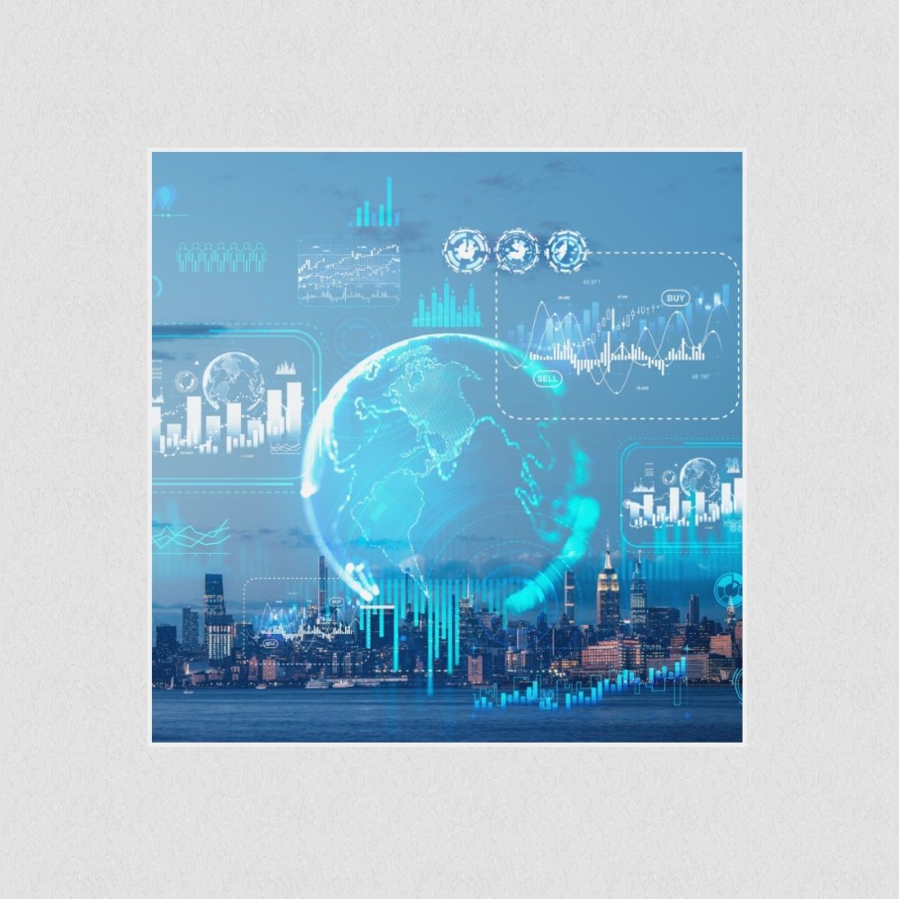 Artikelbild Akustikbild - Eine digitale Karte mit Infografiken und Kulisse der New Yorker Skyline – Basotect® Schallabsorber im weißen Aluminiumrahmen 530x530x55mm