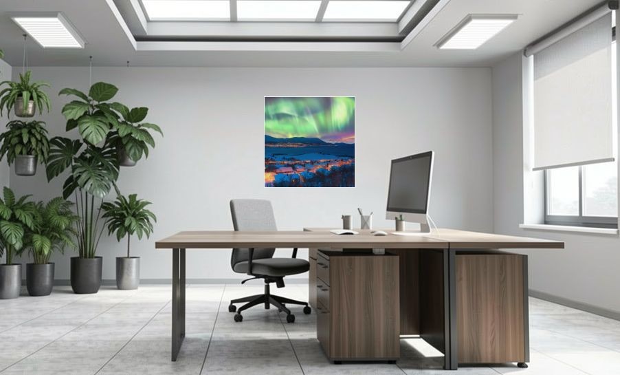 Artikelbild Akustikbild - Nordlicht am Polarkreis – Basotect® Schallabsorber im weissen Aluminiumrahmen 1030x1030x55mm
