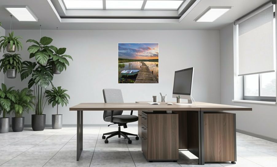 Artikelbild Akustikbild - Schöner Sommersonnenuntergang über dem See – Basotect® Schallabsorber im weissen Aluminiumrahmen 1030x1030x55mm