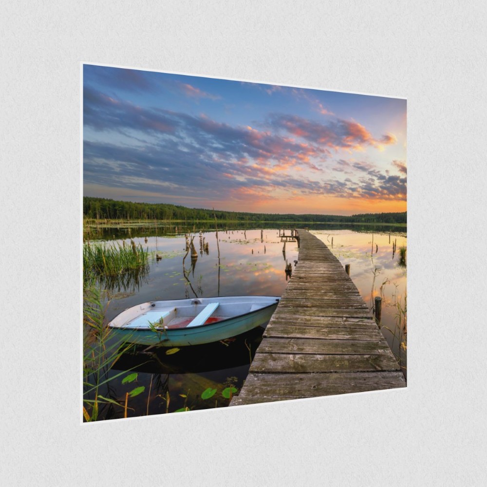 Artikelbild Akustikbild - Schöner Sommersonnenuntergang über dem See – Basotect® Schallabsorber im weißen Aluminiumrahmen 530x530x55mm