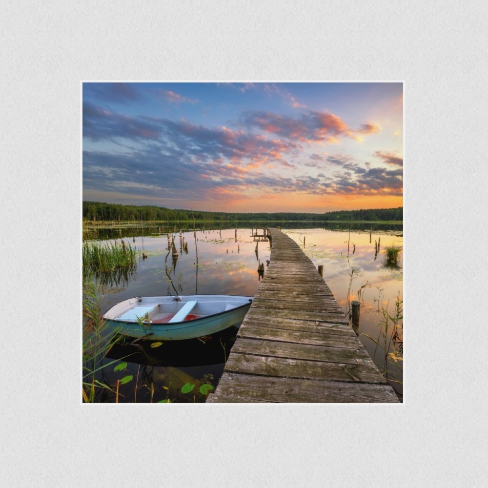 Artikelbild Akustikbild - Schöner Sommersonnenuntergang über dem See – Basotect® Schallabsorber im weißen Aluminiumrahmen 530x530x55mm