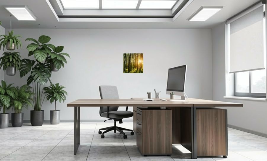 Artikelbild Akustikbild - Birkenhain bei Sonnenaufgang im Frühling – Basotect® Schallabsorber im weißen Aluminiumrahmen 530x530x55mm