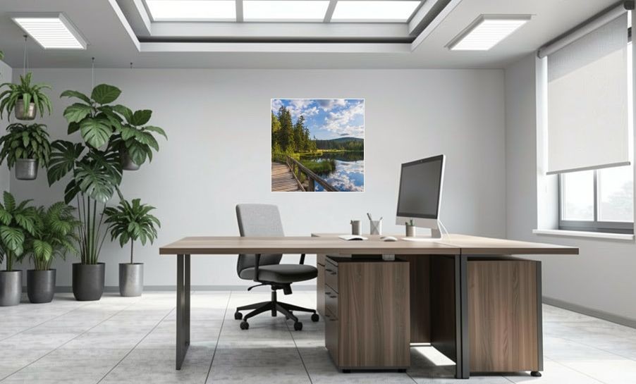 Artikelbild Akustikbild - Brücke am Teich – Basotect® Schallabsorber im weissen Aluminiumrahmen 1030x1030x55mm