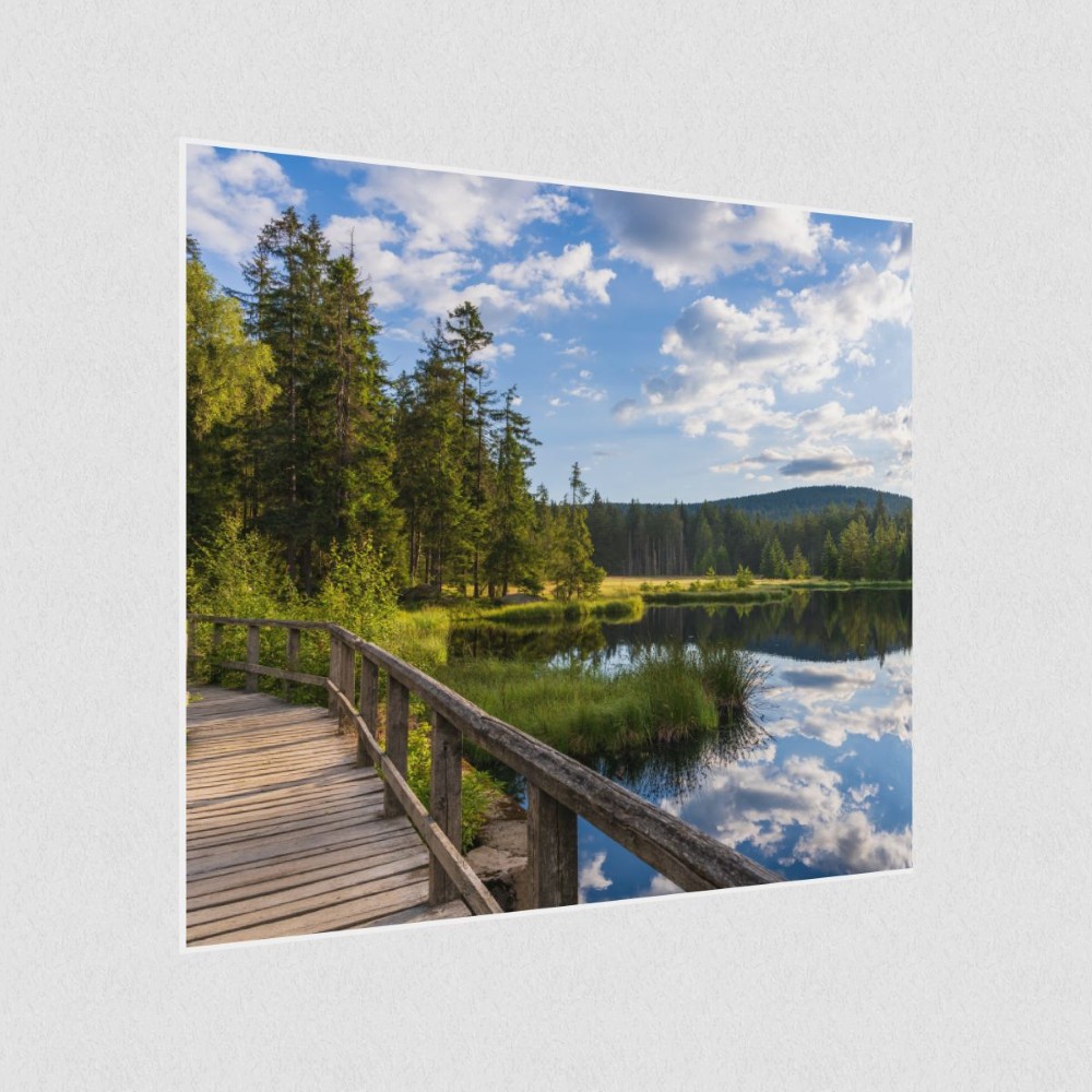 Artikelbild Akustikbild - Brücke am Teich – Basotect® Schallabsorber im weißen Aluminiumrahmen 530x530x55mm