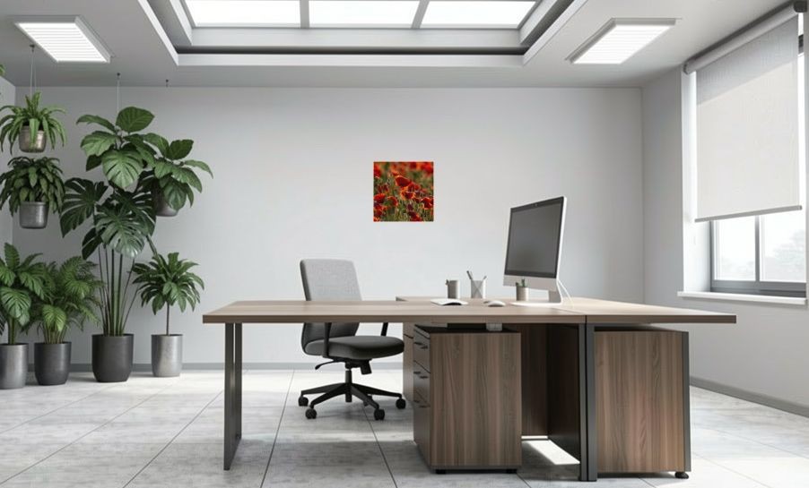 Artikelbild Akustikbild - Mohnblumenfeld – Basotect® Schallabsorber im weißen Aluminiumrahmen 530x530x55mm