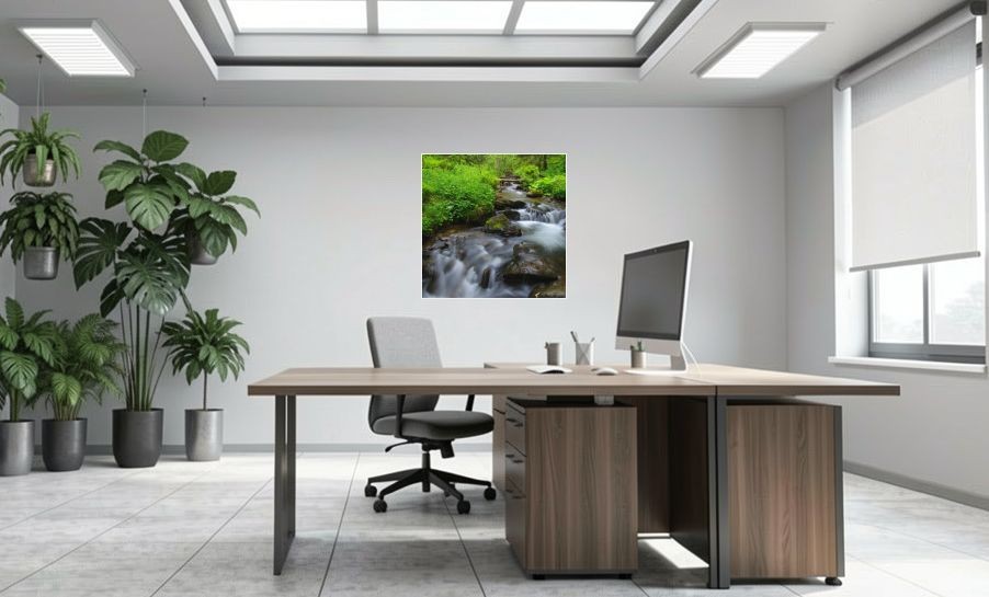 Artikelbild Akustikbild - Wald - Alles fliesst! – Basotect® Schallabsorber im weissen Aluminiumrahmen 1030x1030x55mm