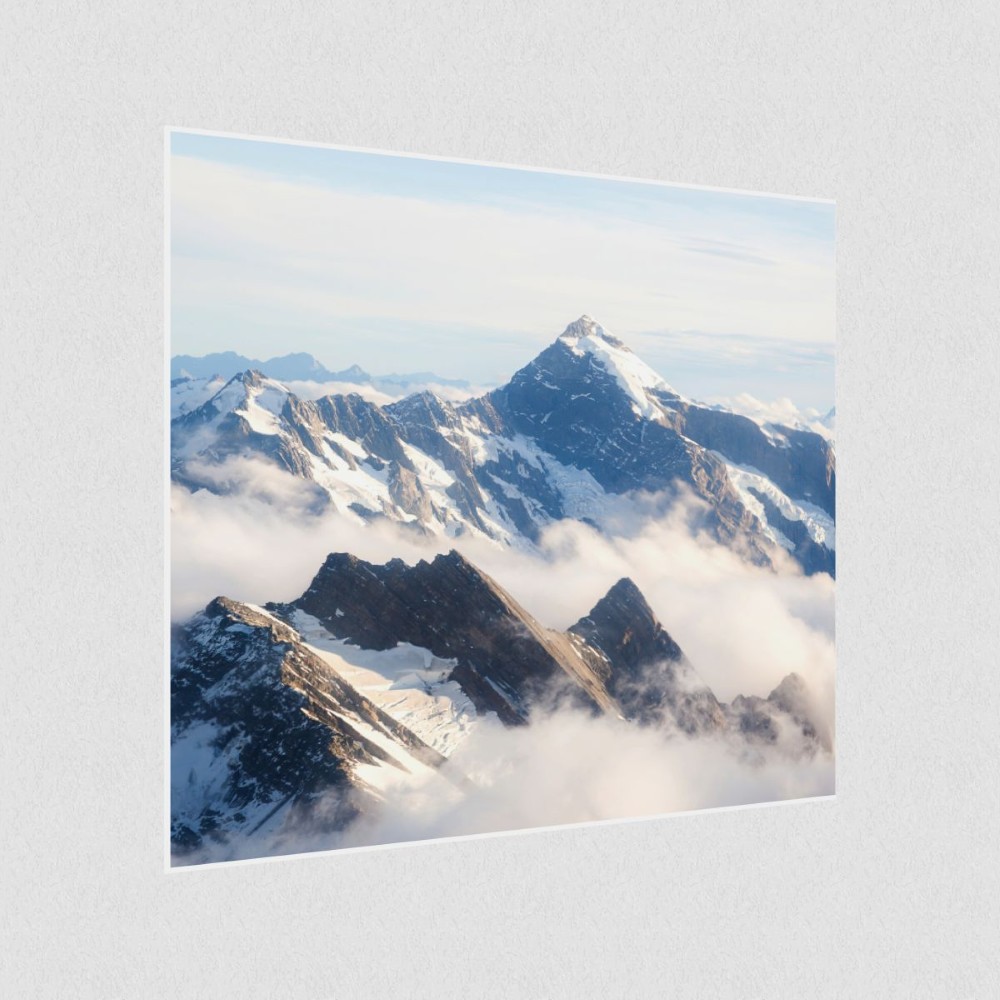 Artikelbild Akustikbild - Die Berge über den Wolken – Basotect® Schallabsorber im weißen Aluminiumrahmen 530x530x55mm