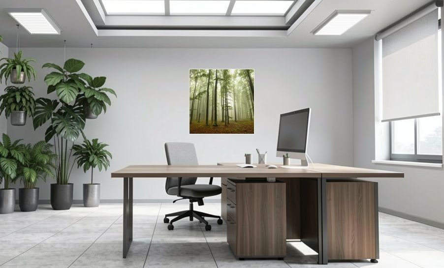 Artikelbild Akustikbild - Nebel im Wald – Basotect® Schallabsorber im weissen Aluminiumrahmen 1030x1030x55mm