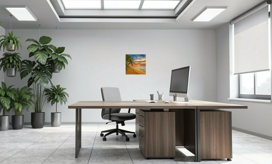 Artikelbild Akustikbild - Palmen im Sonnenuntergang – Basotect® Schallabsorber im weißen Aluminiumrahmen 530x530x55mm