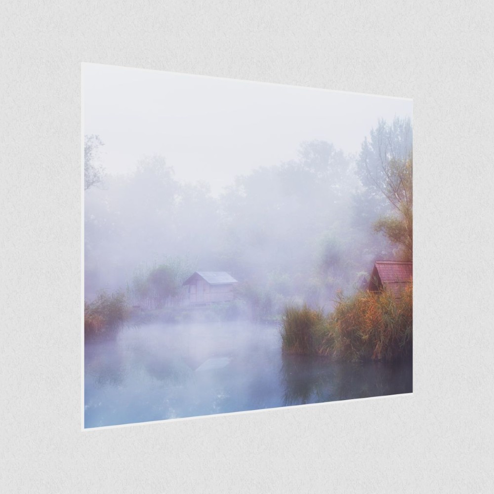 Artikelbild Akustikbild - Ruhe - Ein Waldsee im Nebel – Basotect® Schallabsorber im weißen Aluminiumrahmen 530x530x55mm