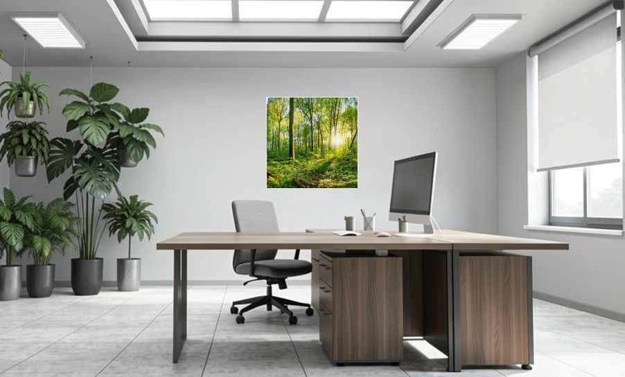Artikelbild Akustikbild - Sonnenuntergang im Wald – Basotect® Schallabsorber im weissen Aluminiumrahmen 1030x1030x55mm