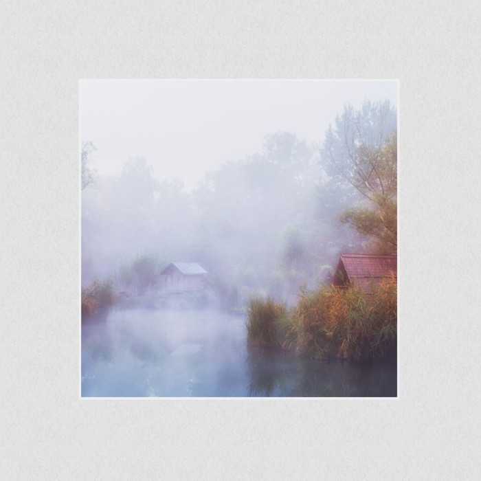 Akustikbild Basotect® Schallabsorber - Ruhe - Ein Waldsee im Nebel in vielen Größen