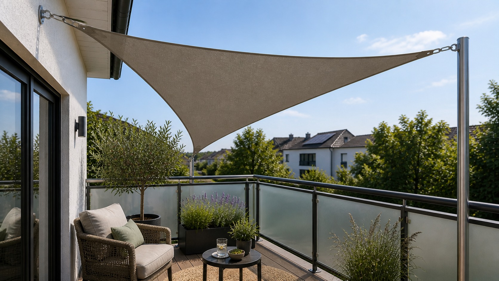 Taupefarbenes dreieckiges Sonnensegel als Sonnen- und Sichtschutz auf dem Balkon