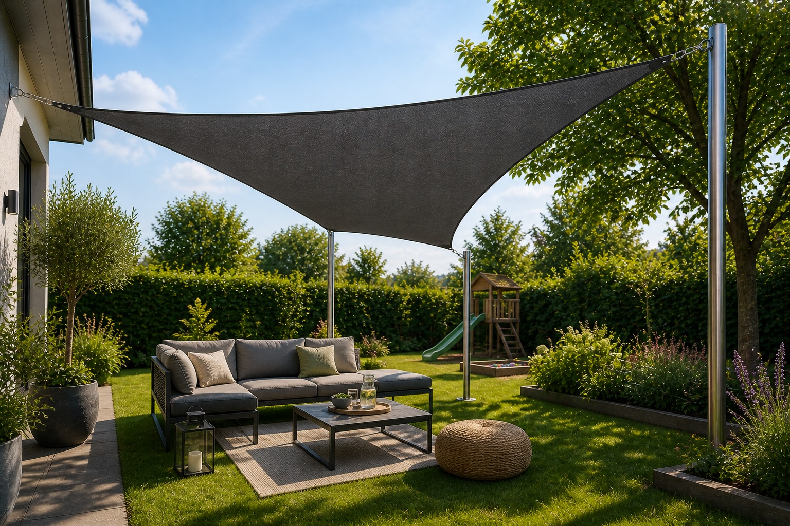 Dunkles Sonnensegel als Sonnenschutz über einer Lounge im Garten