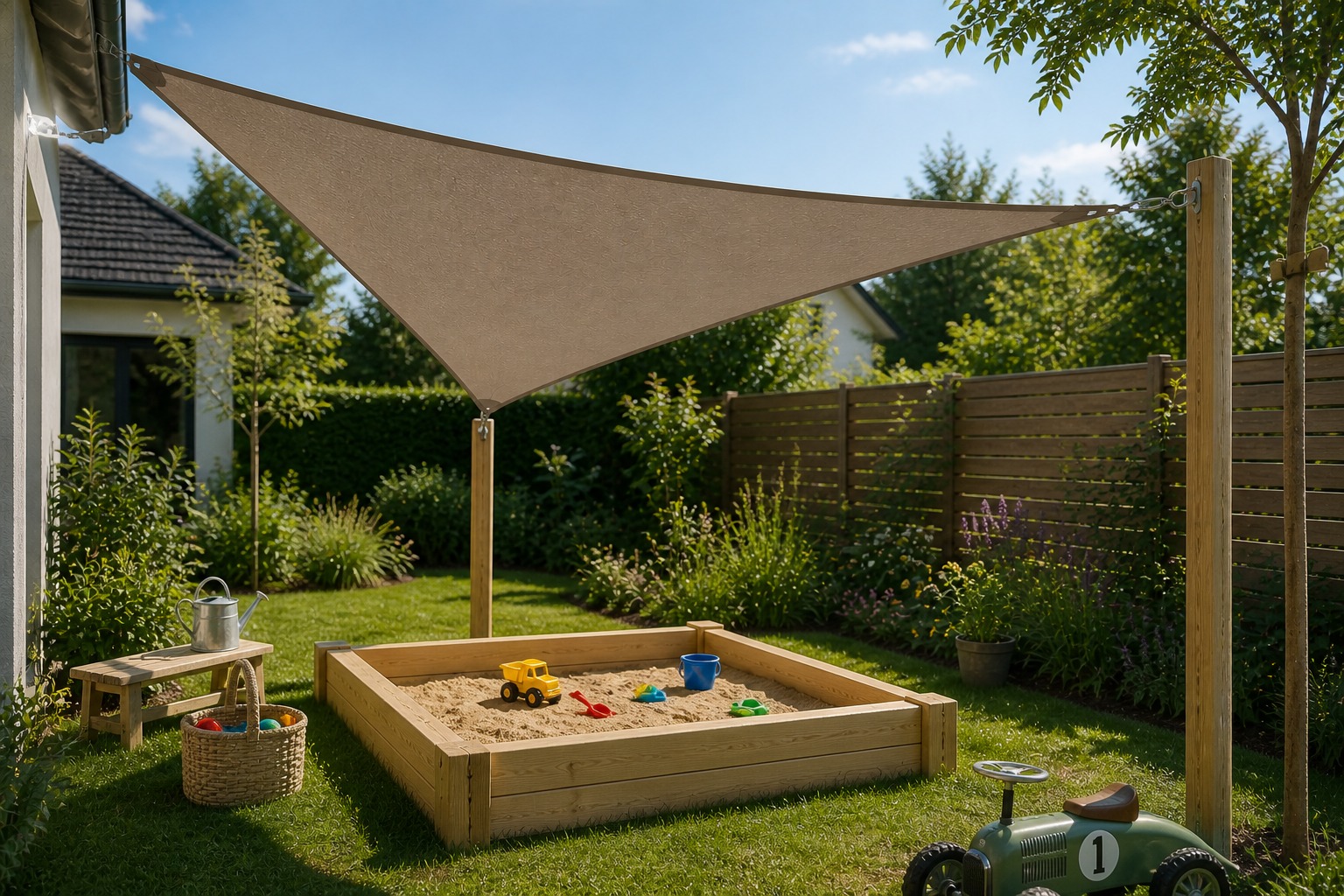 Sonnensegel über einem Sandkasten als Sonnenschutz im Garten