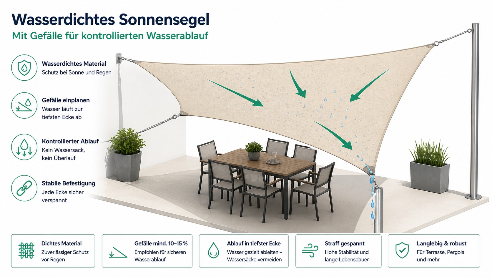 Wasserdichtes Sonnensegel mit Gefälle und kontrolliertem Wasserablauf